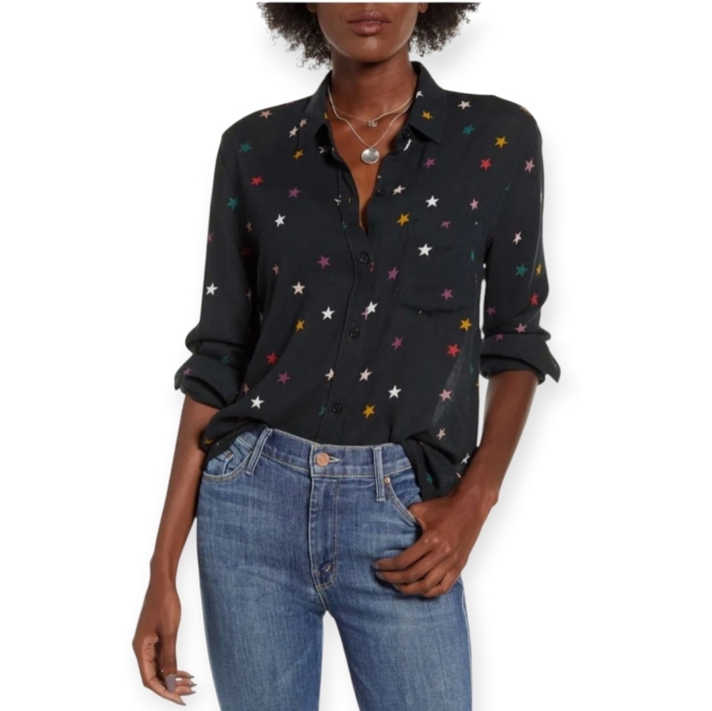 Rails Rocsi Button Up in Black Onyx With Rainbow Stars Chest Pocket Size XS